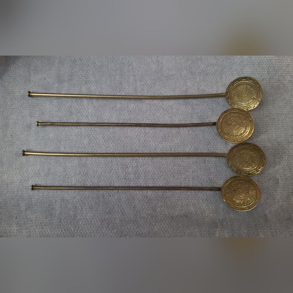Vintage  Alpaca Silver Mayan Calendar Yerba Mate Set of 4 Straw/Spoons J1-35
